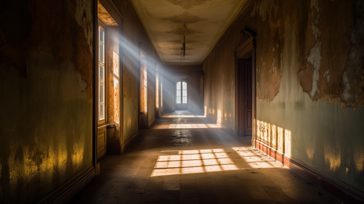 A photograph showcasing a long, narrow corridor with worn-out wallpaper. Celestial light streams through a window, illuminating dust particles in the air and providing a stark contrast to the somber setting. The image, taken with a wide-angle lens, captures the length of the corridor and the impactful radiant light, evoking feelings of solitude and quiet reflection.